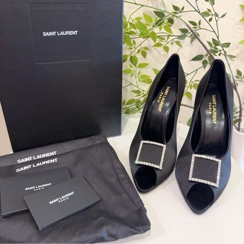 Authentic Saint Laurent Black Frankly 115 Satin Peep Pump Sandals Size 38.5 NIB - Picture 4 of 15
